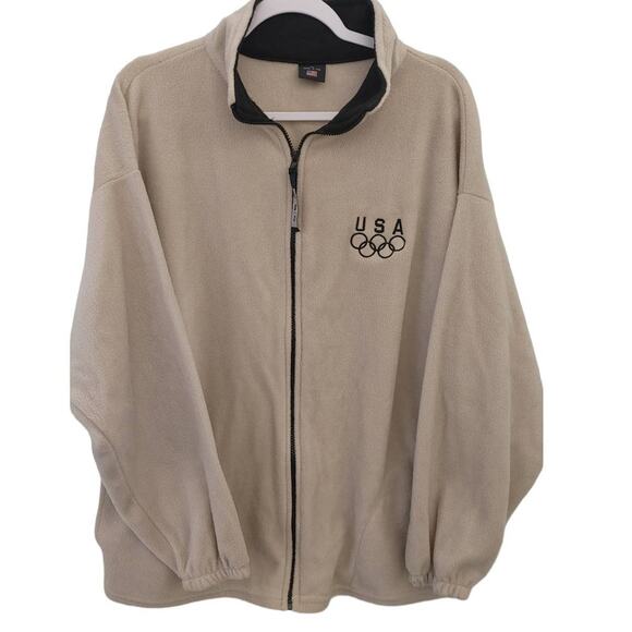 USA Olympics Full Zip Fleece Jacket Tan Black Embroidered XL Pockets - Picture 1 of 6